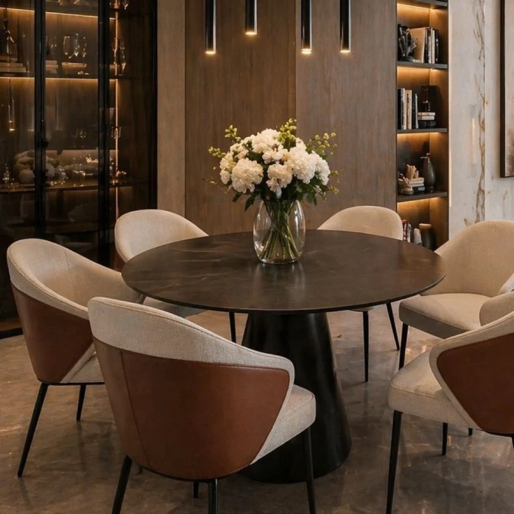 nowoczesne stół okrągły z czarnym blatem kamień