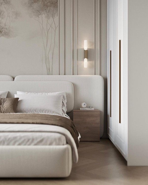 designerskie łóżko tapicerowane z dużym wezgłowiem