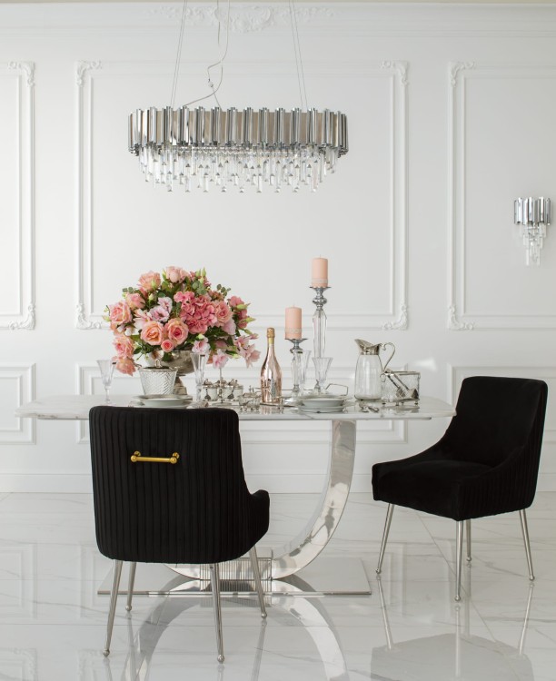 Designerski stół do jadalni na srebrnej nodze z białym blatem Art Deco