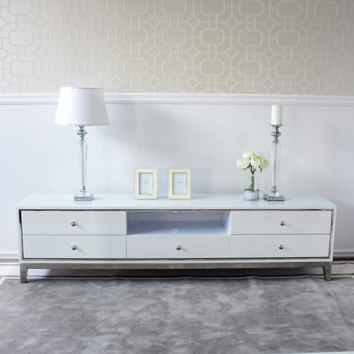 Komoda RTV Lorenzo L srebrna nowoczesna biała wysoki połysk glamour