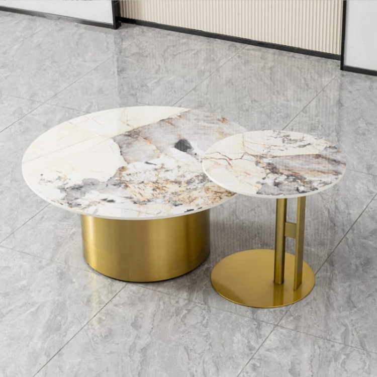 stolik kawowy szczotkowane złoto, blat patagonia