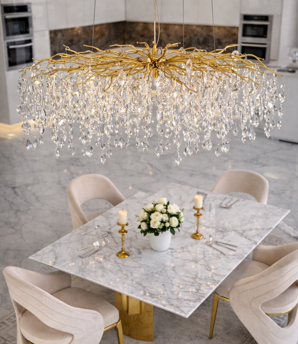 Żyrandol kryształowy złoty nad stół